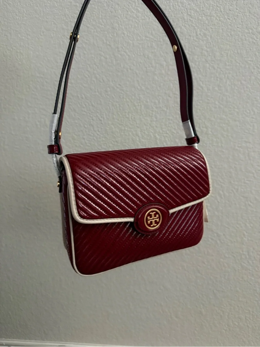 Tory Burch Maroon Quilted Shoulder Bag with Cream Trim